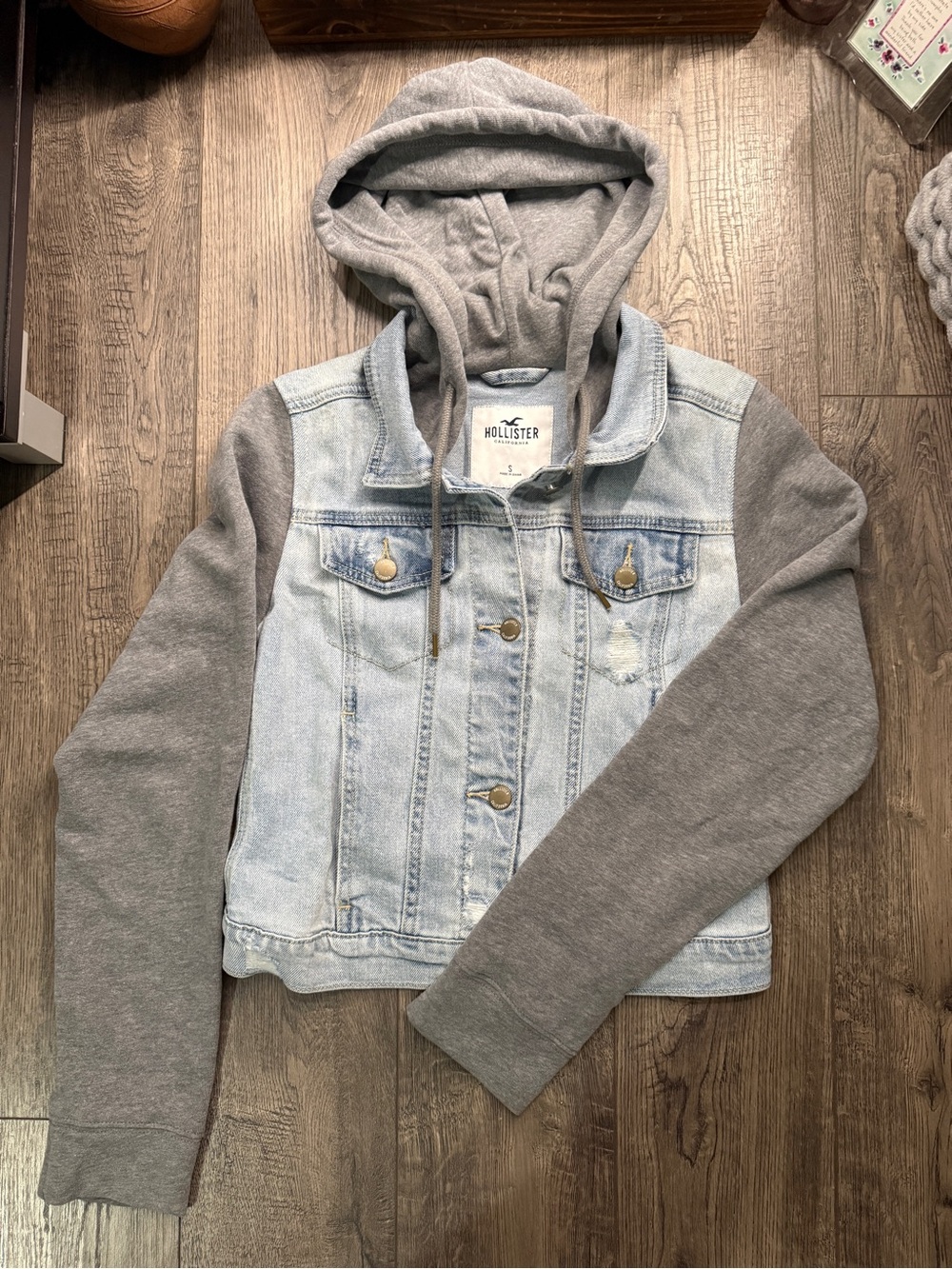 Hollister Light Blue Denim Jacket with Grey Knit Hoodie & Sleeves